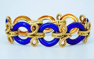 Vintage 18K Yellow Gold and Blue Enamel 7.5" Bracelet