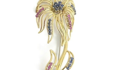 Vintage 1960's Sapphire Ruby Flower Brooch Pin 18K Yellow Gold, 12.49 Gr