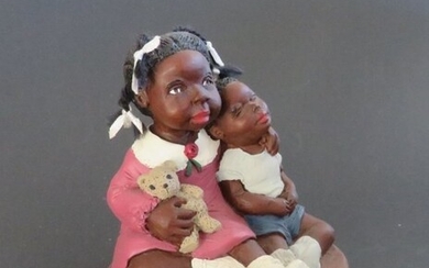 Vintage Figurine, Girl and Boy, African American Folk Art, marked 1990