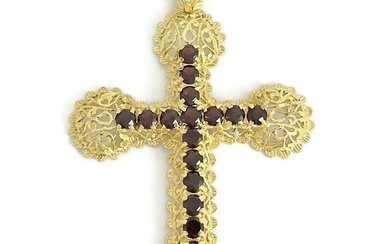 Vintage Italian Garnet Filigree Necklace Pendant 18K Yellow Gold, 11.29 Grams