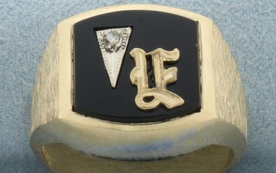 Vintage Mens Diamond E or F Initial Monogram Ring in 14k Yellow Gold
