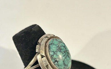 Vintage Signed B Navajo Turquoise Sterling Silver Size 7 Ring