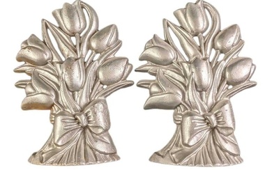 Vintage Silver Painted Cast Iron Flowers Bookends Doorstop