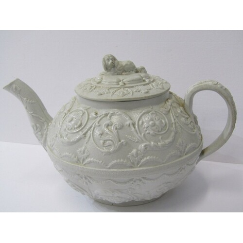 WEDGWOOD, 19th Century stoneware teapot, lion finial with ar...