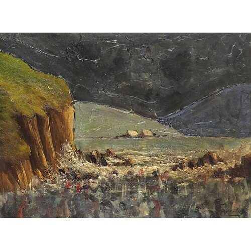 Water before cliffs and mountains, oil on canvas, mounted an...
