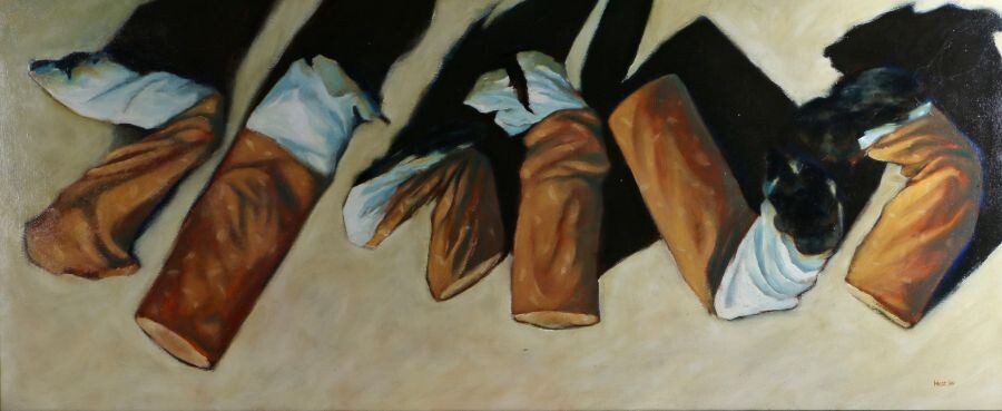 West (Contemporary) Six cigarette butts, signed and dated 99, oil on canvas, 179cm x 74cm