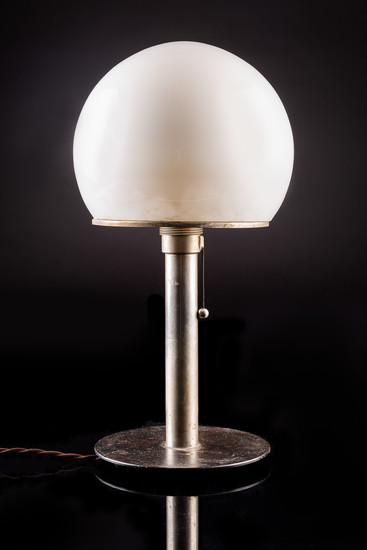 Wilhelm Wagenfeld, Bauhaus, a lamp / table lamp, model 'W1', steel, nickel-plated, milk glass, Germany, designed in the 1930s