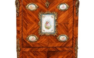 Y A Louis XV/XVI transitional tulipwood, ormolu and Sevres style porcelain mounted secretaire