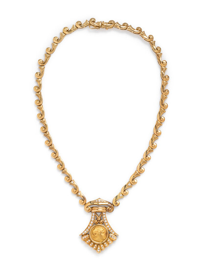 YELLOW GOLD, COIN AND DIAMOND NECKLACE