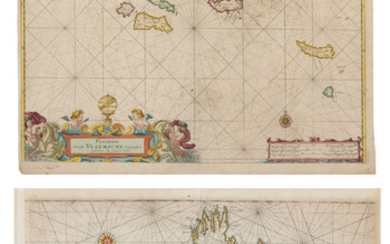 (paskaart) Een lot van twee 17de-eeuwse ingekleurde paskaarten: -'Pascaerte van Het Canael Tusschen Vranckryck en