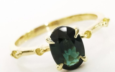 1.02 ct green sapphire & 0.10 ct fancy vivid yellow diamonds designer ring - 14 kt. Yellow gold - Ring Sapphire - Diamonds, AIG Certified No Reserve