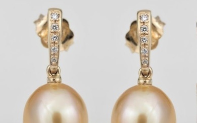 10x11mm Golden South Sea Pearls - 14 kt. Yellow gold - Earrings - 0.08 ct