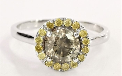 1.25 ct vs fancy gray & mix yellow diamonds designer halo ring - 14 kt. White gold - Ring - 1.00 ct Diamond - Diamonds, AIG Certified - no reserve