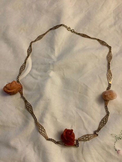 14 kt. Gold - Necklace - Red coral, Sciacca and angel skin