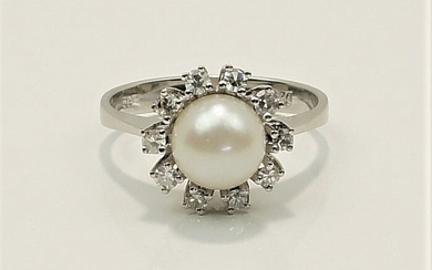 14 kt. White gold - Ring Akoya pearl, 7.50 mm - Diamonds, 0.30 ct.