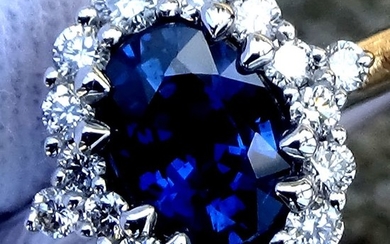 14 kt. White gold - Ring Sapphire - Ceylon Blue - Diamonds - Certified - No Reserve