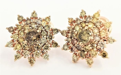 1.40 ct fancy vivid grayish yellow & fancy mix color diamonds designer stud earrings - 14 kt. Pink gold - Earrings - 0.40 ct - Diamonds, AIG certified no reserve