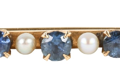 14K YELLOW GOLD SAPPHIRE AND PEARL BAR BROOCH, CIRCA EARLY 20TH CENTURY