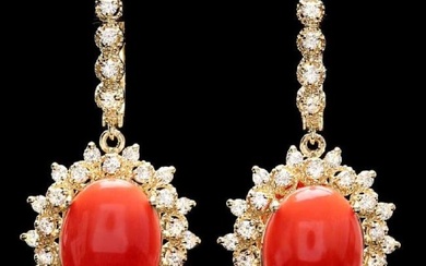 14K Yellow Gold 10.35ct Coral and 1.90ct Diamond Earrings