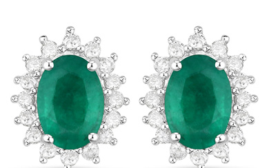 14KT White Gold 1.86ctw Zambian Emerald and White Diamond Earrings