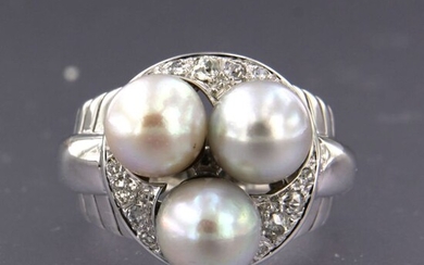 18 kt. Freshwater pearl, White gold - Ring - 0.23 ct Diamond