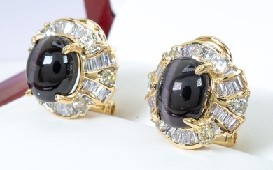 18 kt. Gold - 7.71 Ct - Diamond & Cat's eye chrysoberyl earrings.