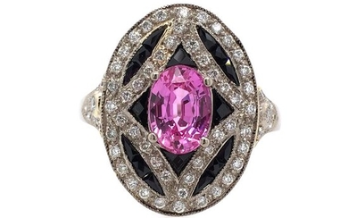18 kt. White gold - Ring - Pink Sapphire 1.21ct Diamonds 0.29ct Onyx