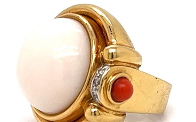 18K Yellow Gold Angelskin Coral, Italian Coral, and Diamond Ring
