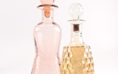 Blenko Pink Crackle Glass and Old Forester Marigold Carnival Glass Decanters