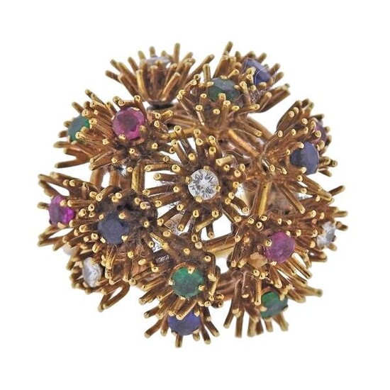 1960s 18k Gold Diamond Ruby Emerald Sapphire Ring