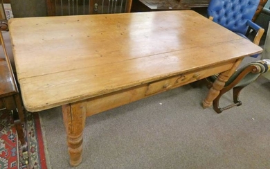 19TH CENTURY PINE RECTANGULAR TOPPED TABLE ON TURNED SUPPORTS,...