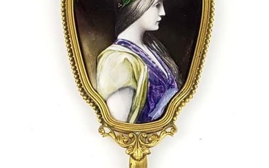 19th C. French Enamel & Bronze Mirror Signed