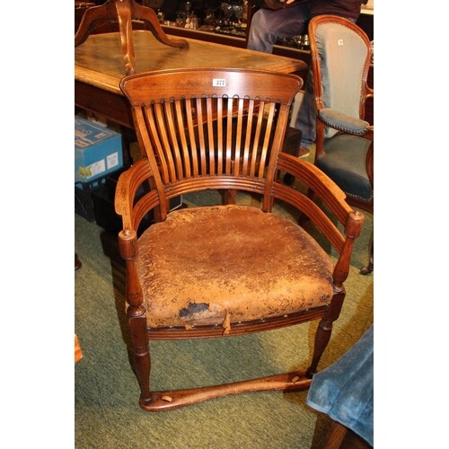 19thC Walnut Office Elbow chair with slat back and Leather s...