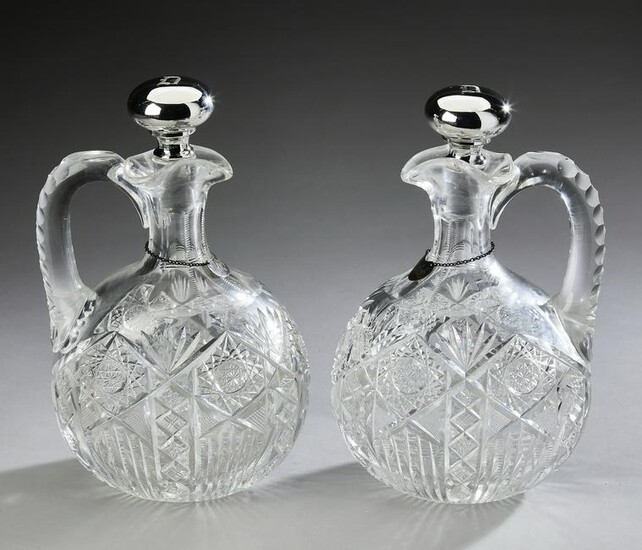 (2) Cut crystal and Gorham sterling stopper jugs