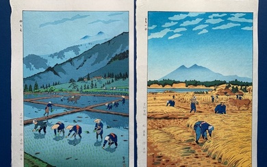 2 Original woodblock prints; "Taue" 田うえ (Rice planting) and “Harvesting Rice” - Kasamatsu Shiro (1898-1991) - Japan
