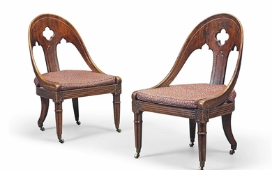 A PAIR OF REGENCY GOTHIC CANED OAK CHAIRS, CIRCA 1805-10, THE DESIGN ATTRIBUTED TO JAMES WYATT