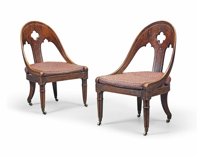 A PAIR OF REGENCY GOTHIC CANED OAK CHAIRS, CIRCA 1805-10, THE DESIGN ATTRIBUTED TO JAMES WYATT