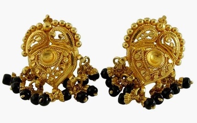 22KT GOLD ONYX BEAD ETRUSCAN STYLE DANGLE STUD EARRINGS An Absolute Stunning Pair Of 22kt Gold