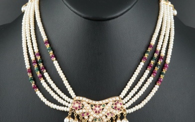 23K Pearl, Ruby and Emerald Necklace