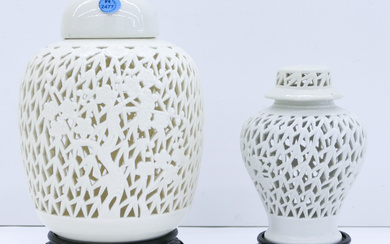 2pc Blanc De Chine Pierced Floral Vases w/ Stands - Largest 9''
