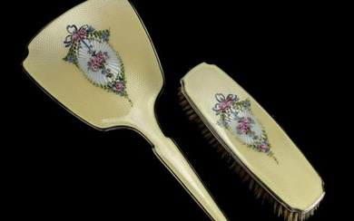 2pc Thomae Co. Sterling Silver Guilloche Enamel Mirror and Clothing Brush c1930