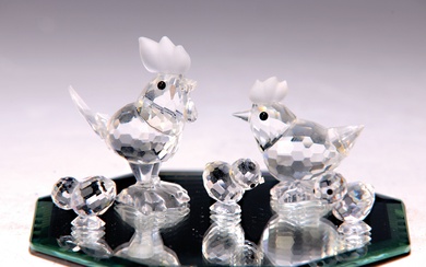 5 Swarovski figures, rooster, hen and three chicks, faceted crystal...