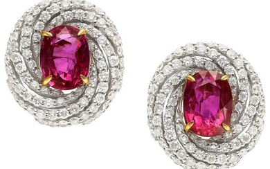 55277: Burma Ruby, Diamond, Gold Earrings Stones: Oval
