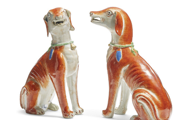 A LARGE PAIR OF SEATED HOUNDS, QIANLONG PERIOD, CIRCA 1770