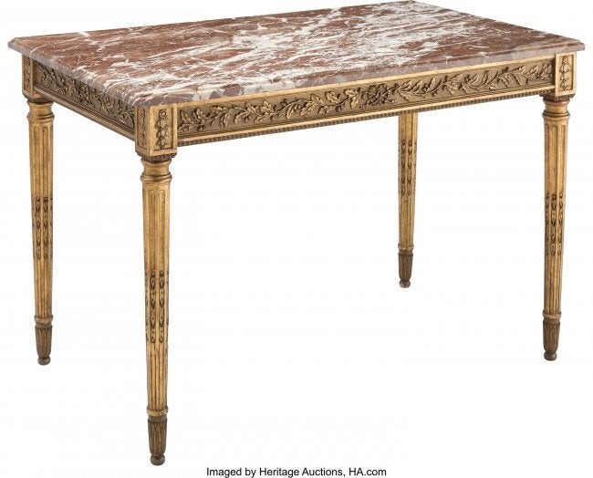 61077: A Louis XVI-Style Giltwood and Marble Table, 19t