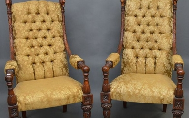Pair over sized tufted back arm chairs with carved Swan