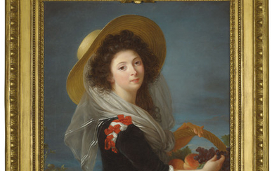 After Marie-Louise-Elisabeth Vigée Lebrun, Portrait of Marie-Gabrielle de Sinety, Duchesse de Gramont-Caderousse (1761-1832), half-length, in a red and black dress and straw hat