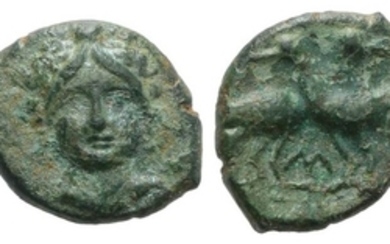 Bruttium, Laos, c. 350-300 BC. Æ (14mm, 2.13g, 1h). Female...