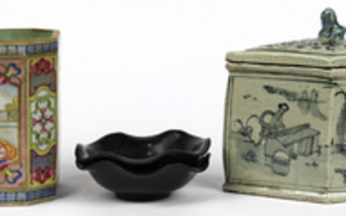 Chinese Jizhou Type Bowls; Underglaze Blue Box; Brush Pot