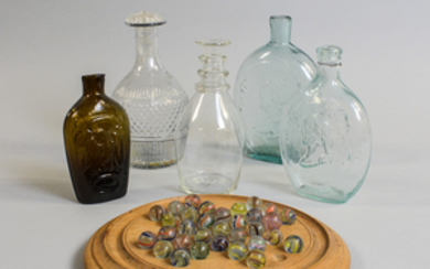 Five Glass Bottles and Flasks, a Set of Marbles, and a Game Board